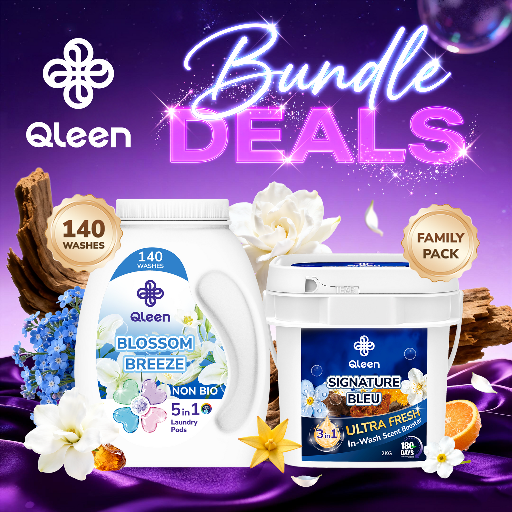 Qleen Blue Bundle – Blossom Breeze Pods & Signature Bleu Scent Boosters Family Pack Main