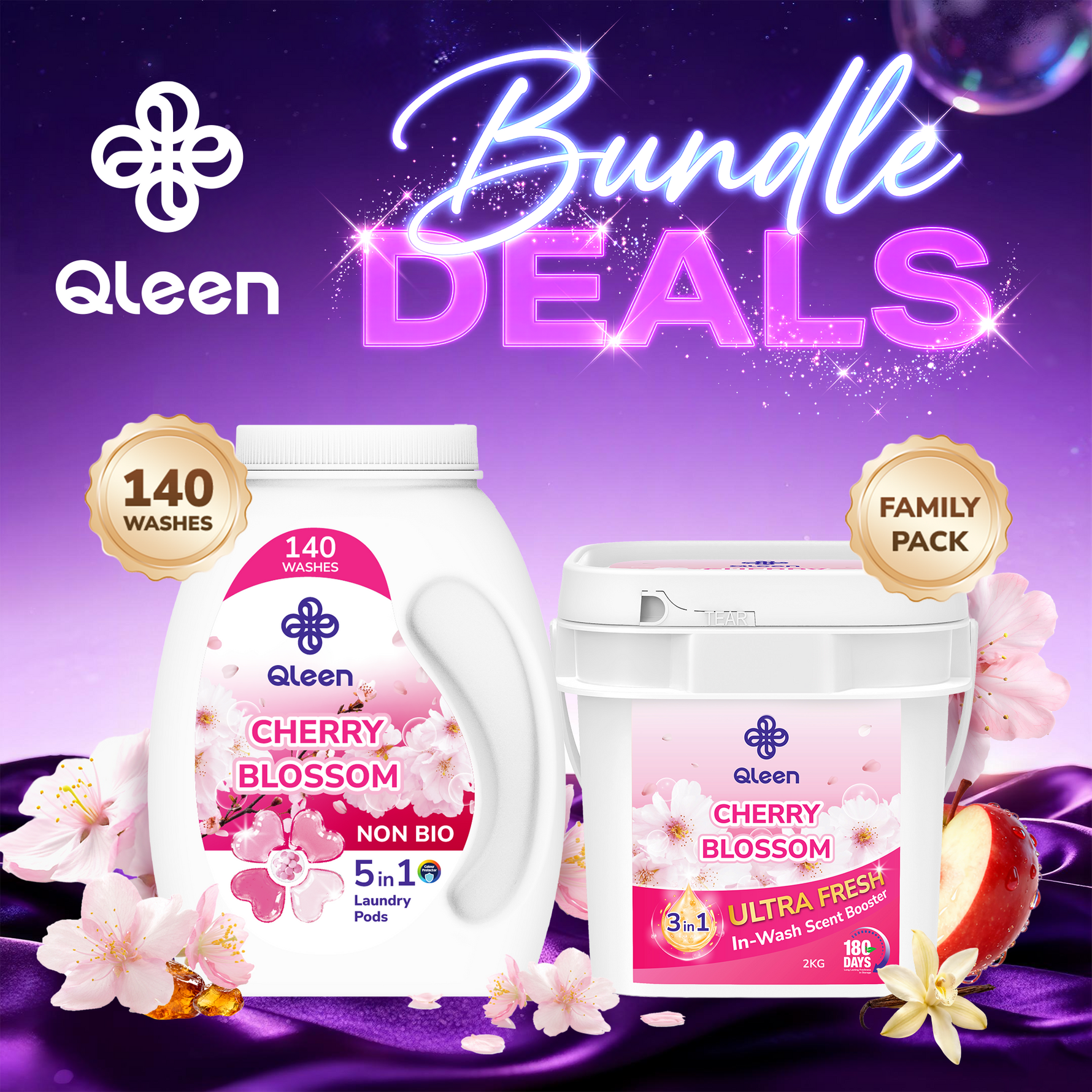 Qleen Pink Bundle – Cherry Blossom Pods & Cherry Blossom Scent Boosters Family Pack Main