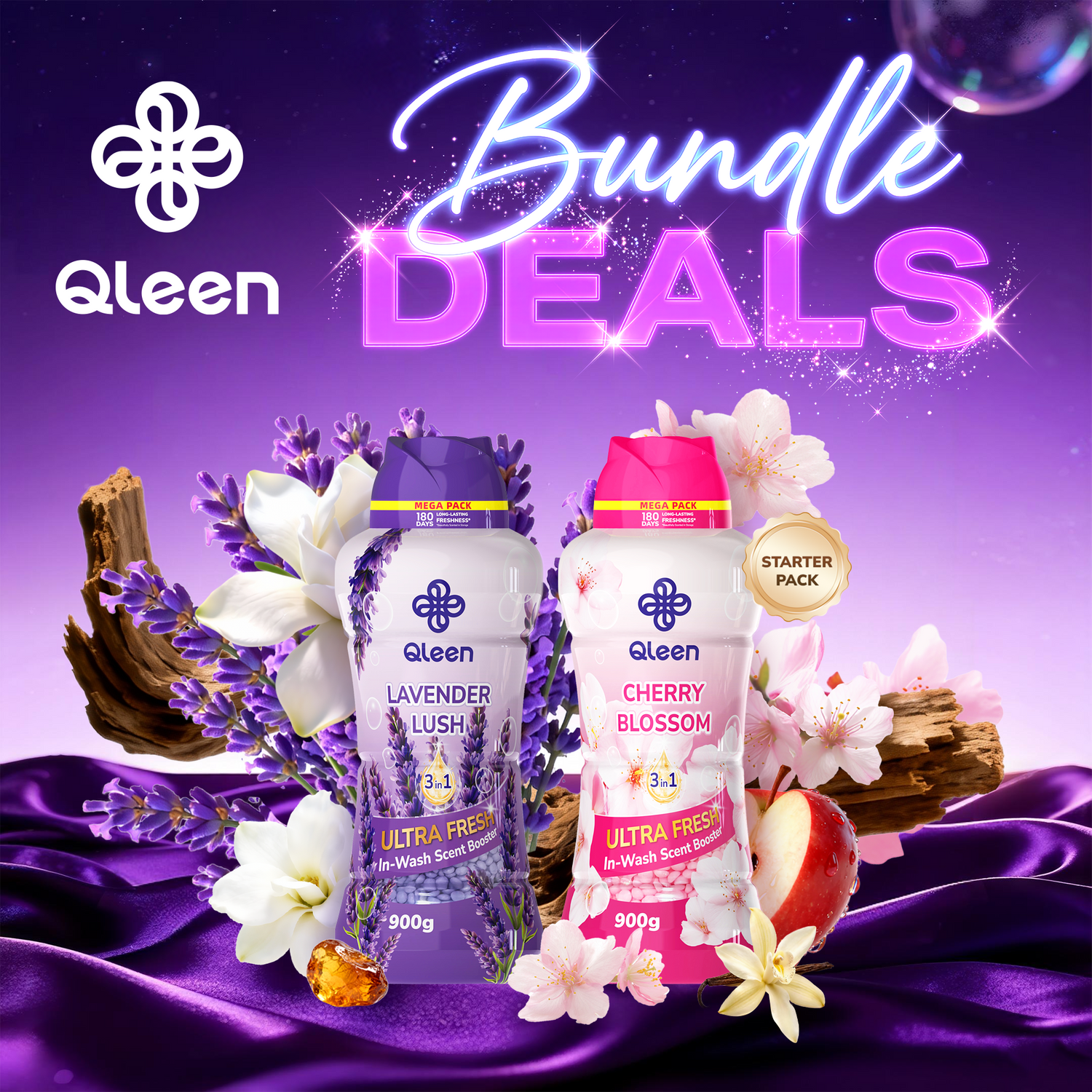 Qleen Floral Bundle – Cherry Blossom & Lavender Lush Scent Boosters Main