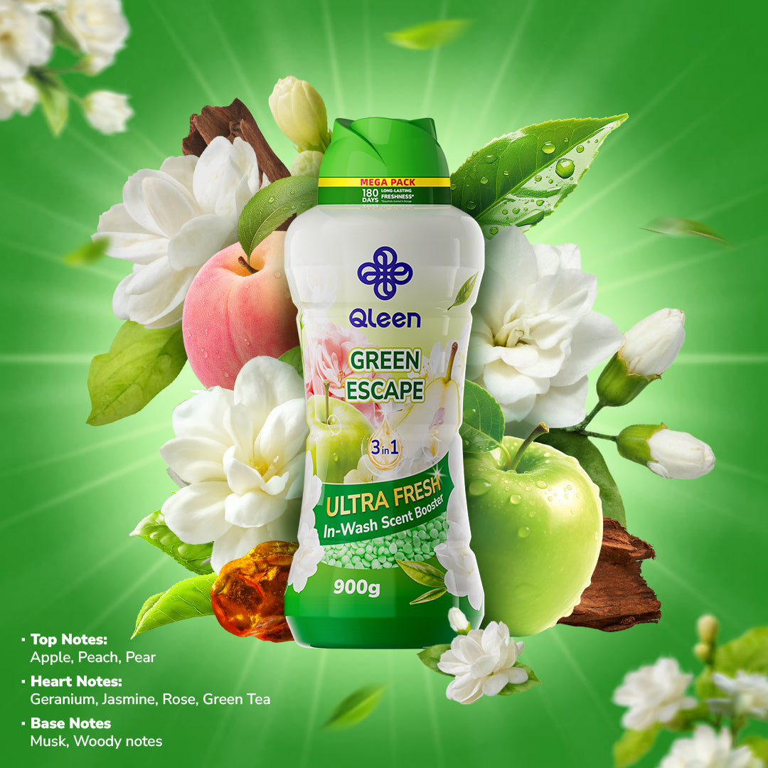 Qleen In-Wash Scent Booster Starter Pack 900g Green Escape Notes Information