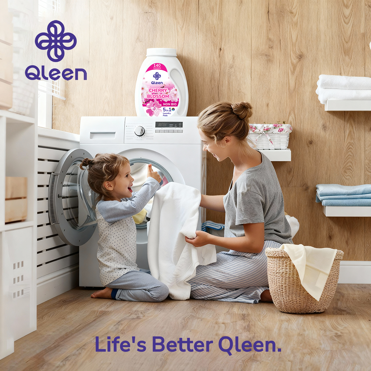 Woman and child with a washing machine, Qleen Laundry Pods