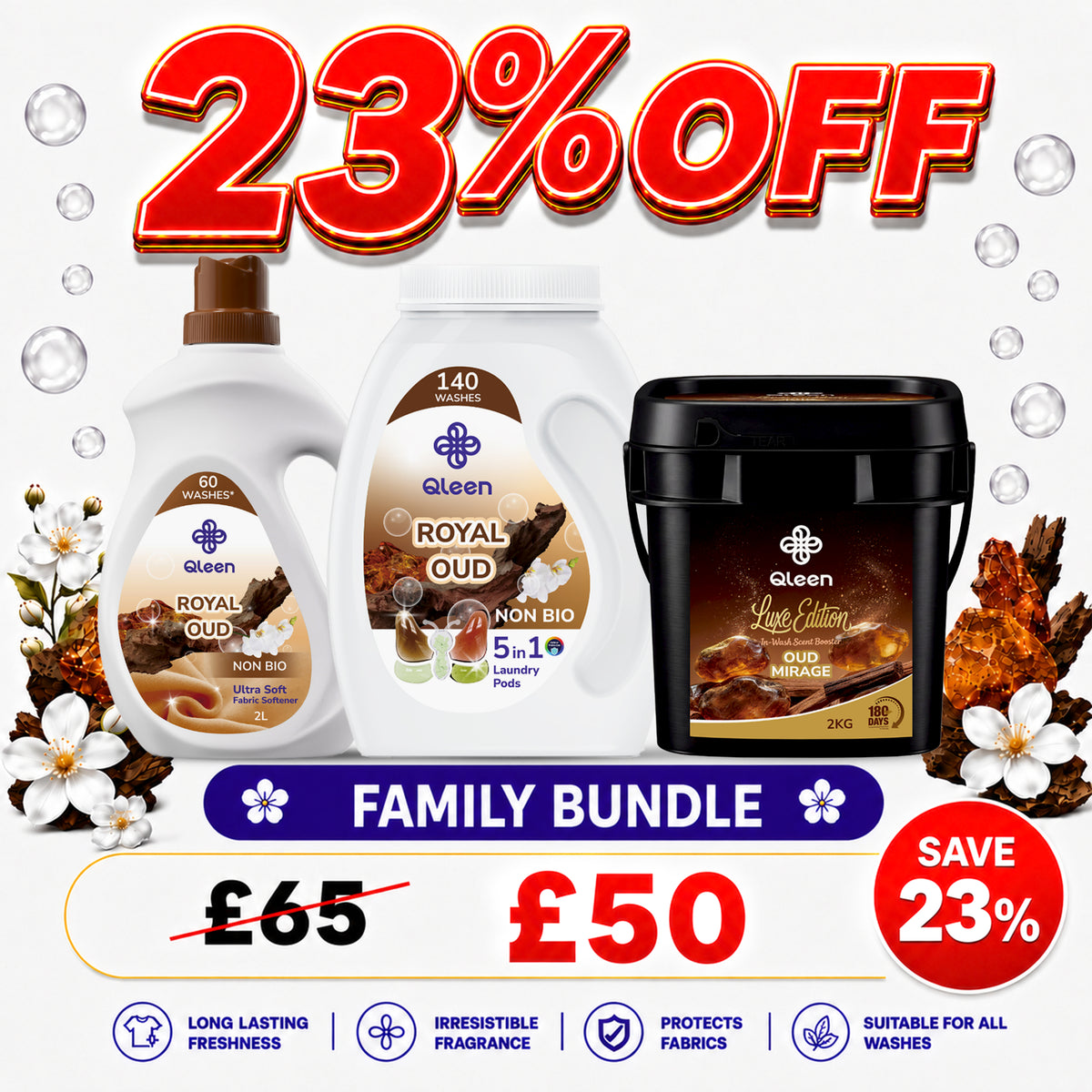 Qleen Laundry Oud Bundle I Non Bio Laundry Pods Fabric Softener Scent Boosters Family Pack