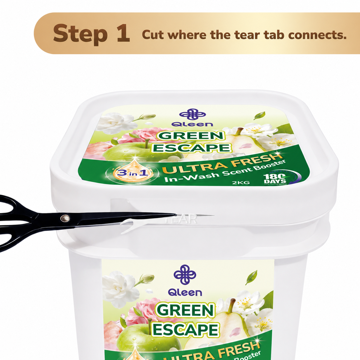 Qleen In-Wash Scent Booster Family Pack 2KG Green Escape How to open
