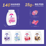 Qleen laundry pods packaging with product details and dimensions on a purple background
