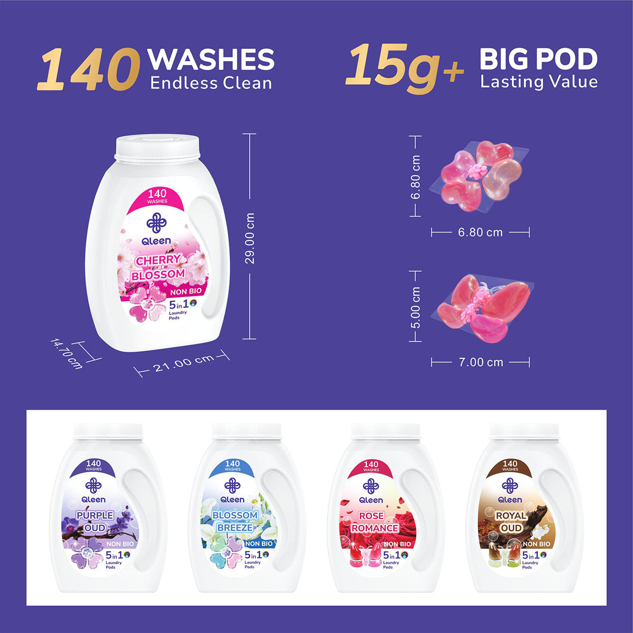 Qleen laundry pods packaging with product details and dimensions on a purple background