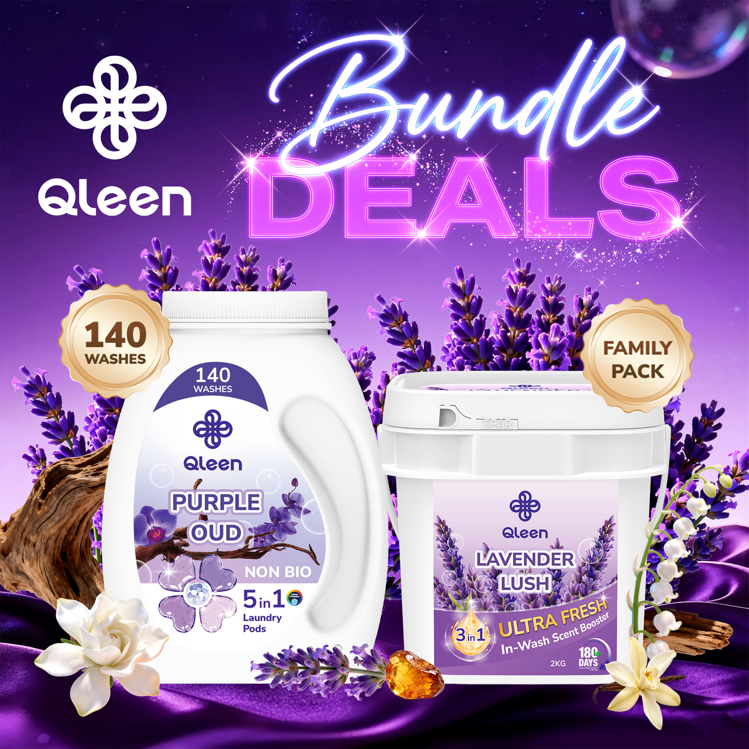 Qleen Purple Bundle – Purple Oud Pods & Lavender Lush Scent Boosters Family Pack Main