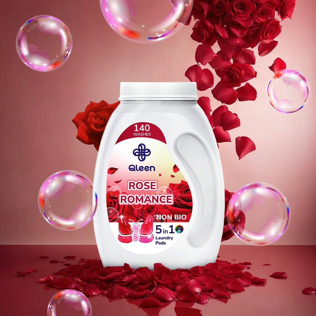 Qleen laundry detergent bottle with roses and bubbles on a pink background