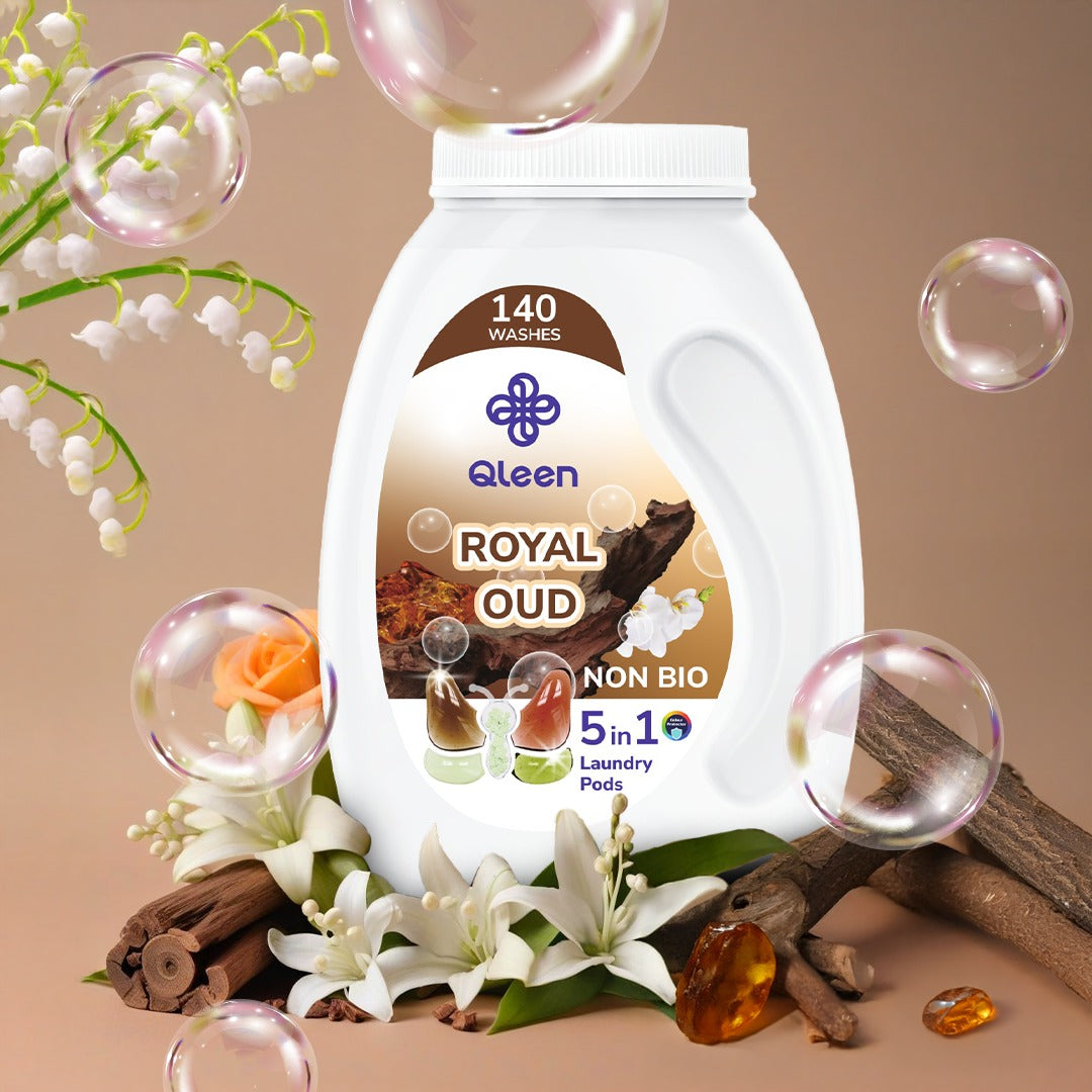 Qleen Non-Bio 5-In-1 Laundry Pods Family Pack Royal Oud Ingredients Lifestyle