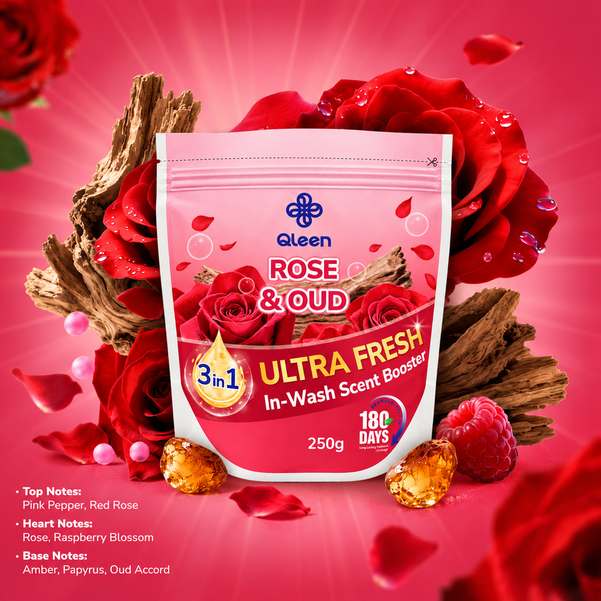 Qleen In-Wash Scent Booster Starter Pack 250g Rose & Oud