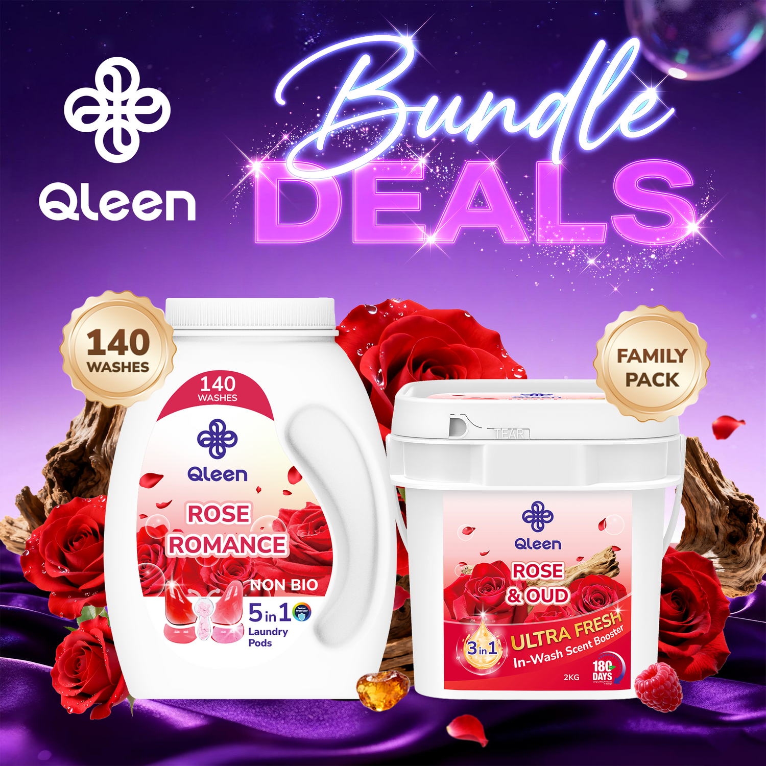 Qleen Red Bundle – Rose Romance Pods & Rose & Oud Scent Boosters Family Pack Main