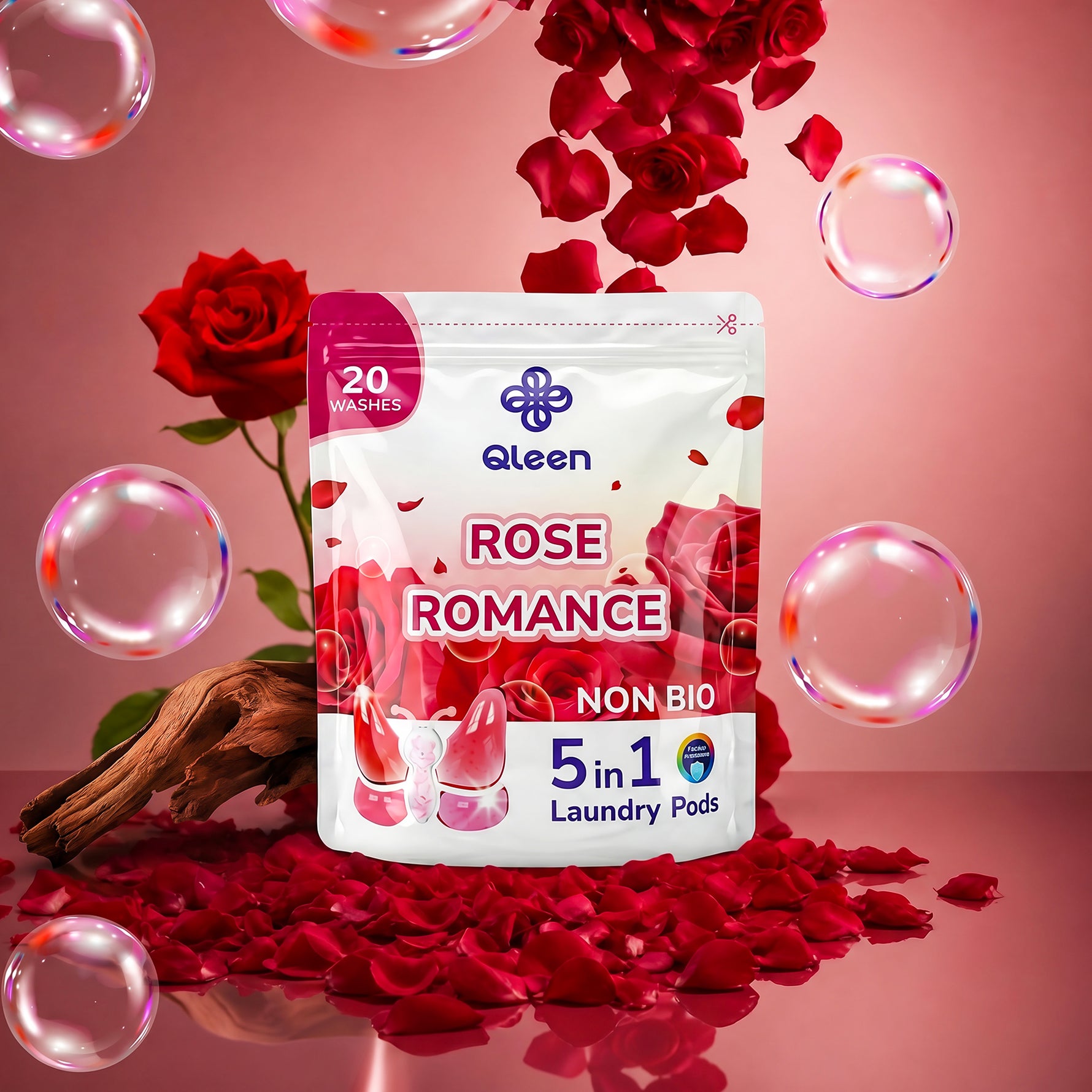 Qleen Non-Bio 5-In-1 Laundry Pods Trail Pack Rose Romance Ingredients