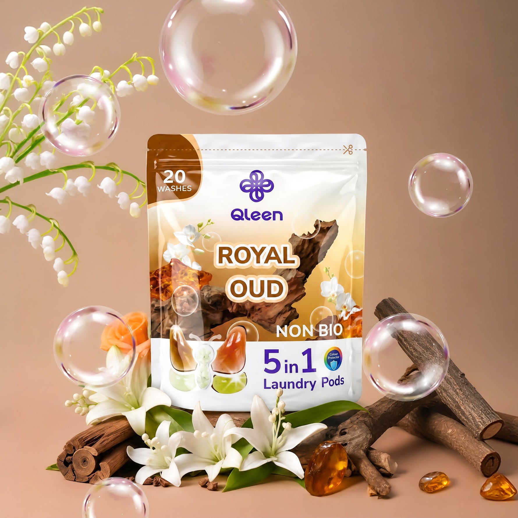 Qleen Non-Bio 5-In-1 Laundry Pods Trail Pack Royal Oud Ingredients