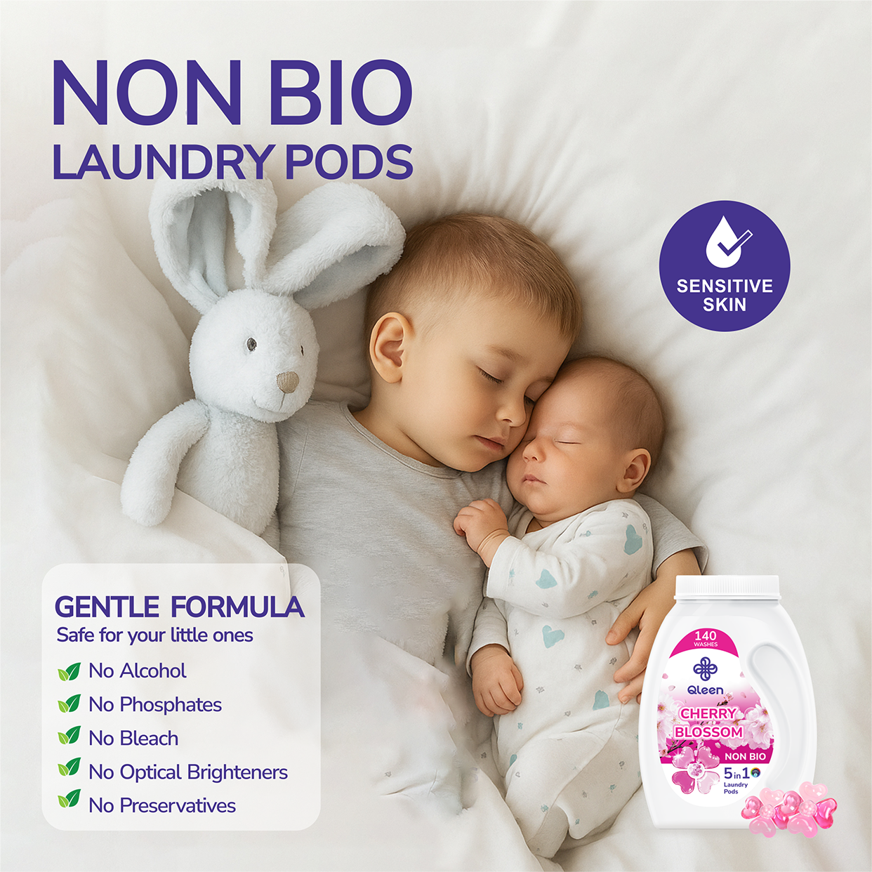Two children lying in bed with a plush toy, accompanied by Qleen Cherry Blossom Non Bio laundry pods.